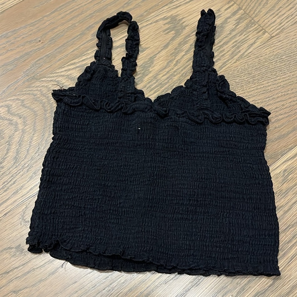 Katie J NYC Black Smocked Ruffled tank